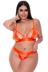 Neon Orange Strap Tease Bra and Crotchless Panty Set 1x - 3x Front