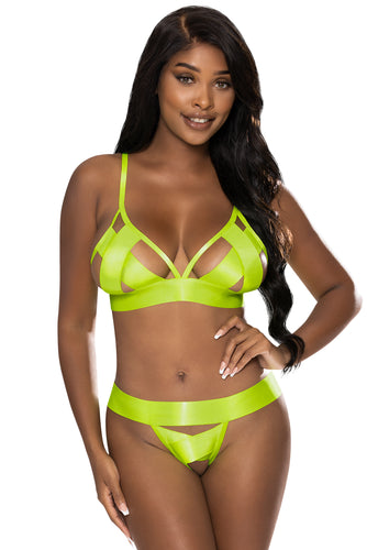 Neon Yellow Strap Tease Bra and Crotchless Panty Set