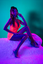 Load image into Gallery viewer, The Dungeon Store - Blacklight Pink Lace Teddy &amp; G-String Front side in Light