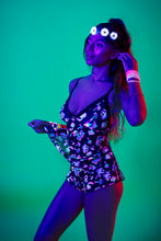 Load image into Gallery viewer, The Dungeon Store Black Light Reactive Mushroom Cami &amp; Short Set L/XL in black light from side