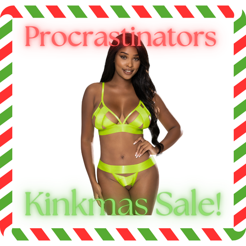 Procrastinators Kinkmas Sale -The Dungeon Store - Neon Green Strap Tease Bra and Crotchless Panty Set 