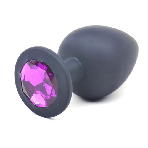 Butt Plug - Black Silicone -Purple Gem