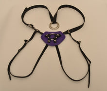 Load image into Gallery viewer, Leather Strap On Harness with Purple Pad