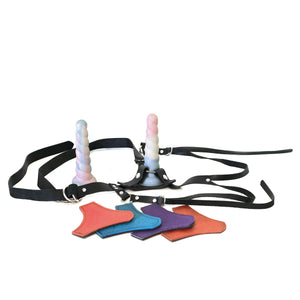 Leather StrapOn Harness with Split Peaches TransPride Dildo